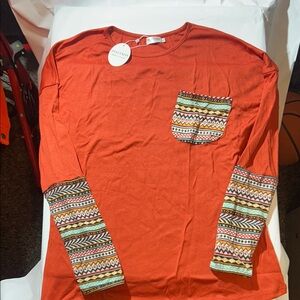 POGTMM - Orange Long Sleeve Top with Patterned Pocket and Sleeves